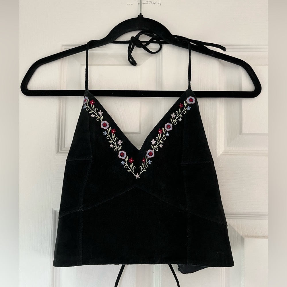 Leather Black Tank Top with Floral Embroidery